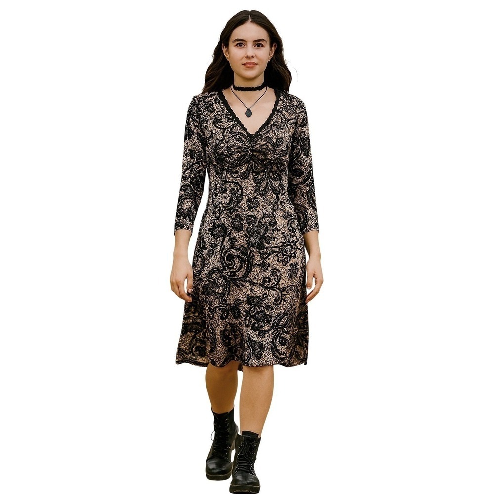 Whimsigoth Fairy Goth Lace Trim Dress Black Cream Print Size 10 London Times